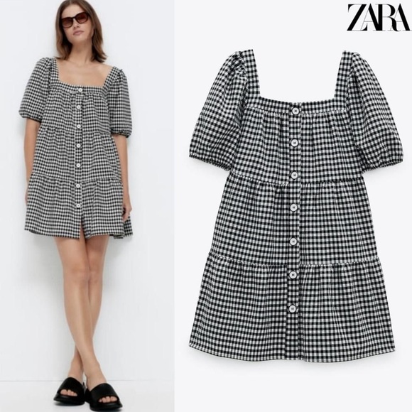 Zara Dresses & Skirts - Zara Gingham Check Babydoll Dress Black & White Tiered Seersucker Large